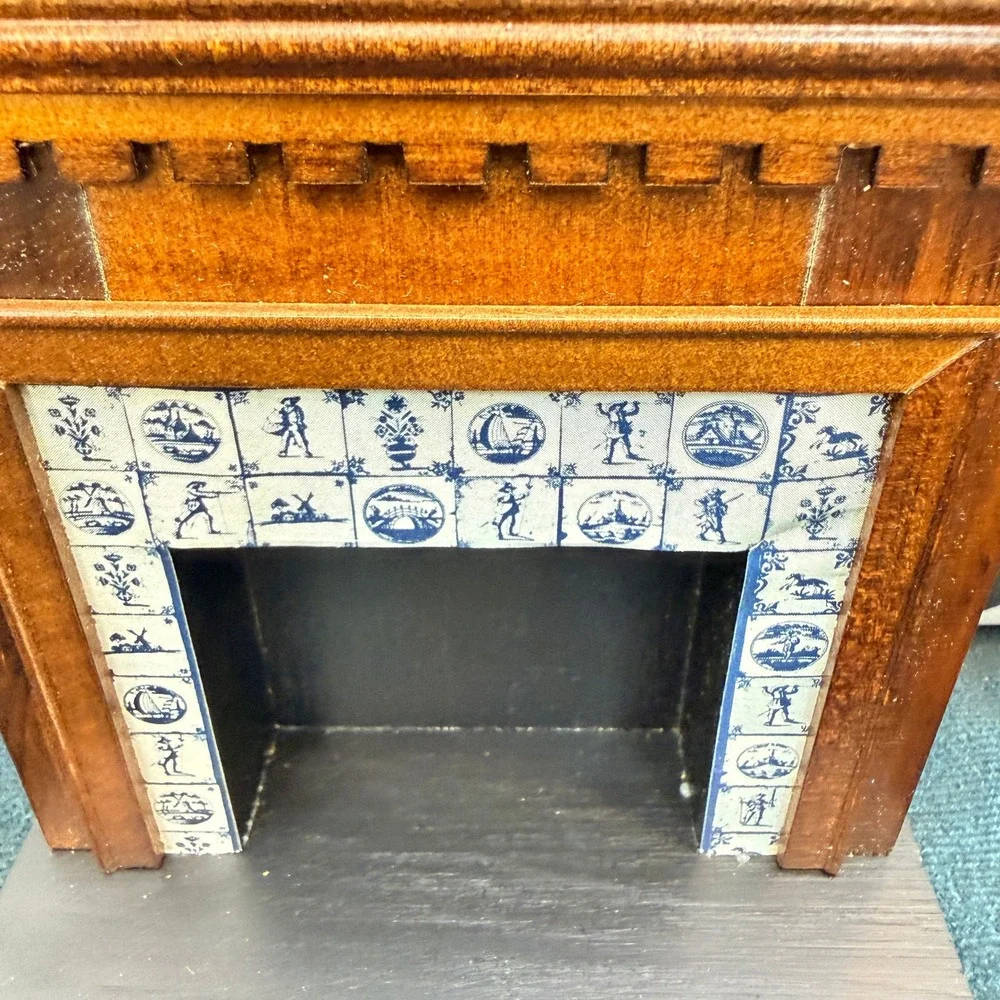 Vintage 1:12 Dollhouse Miniature Wood Fireplace Faux Delft Paper Tile Surround